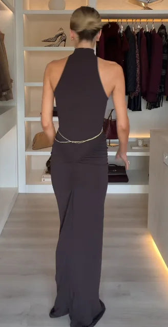 Elegant Metal Chain Pleated Dress Women Sleeveless Off Shoulder Patchwork Slim Long Dresses 2025 New Lady Evening Party Vestidos