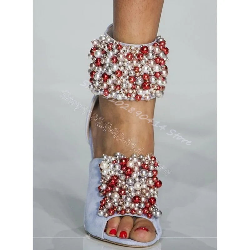 Colorful Pearl Decor Open Toe Back Zipper Thin High Heel Sandals for Women