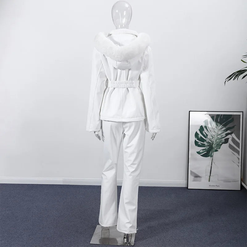 Warm Fur Trim Hooded Winter Ski Suit with Belt for Women