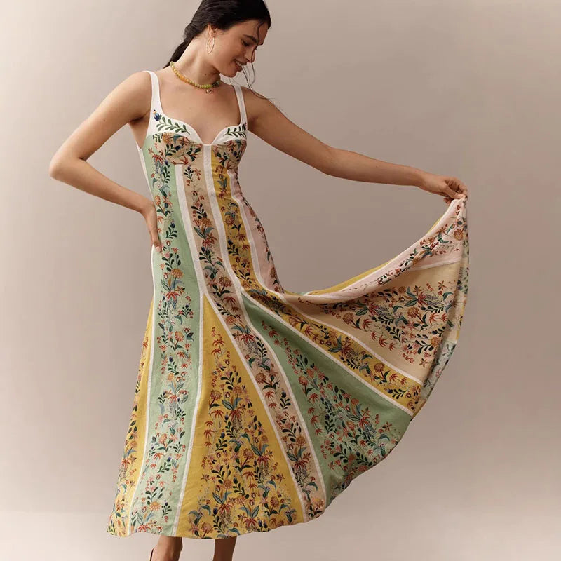 Sweetheart Neckline Floral Print Linen Blend Maxi Dress For Women