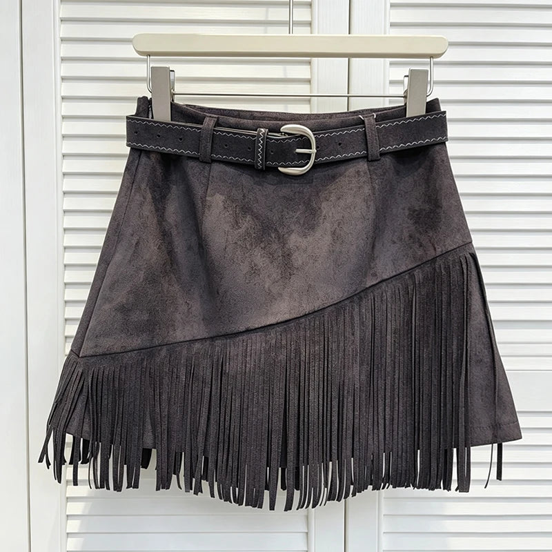 Vintage Brown Irregular Hem Faux Suede High Waist Mini Skirt For Women