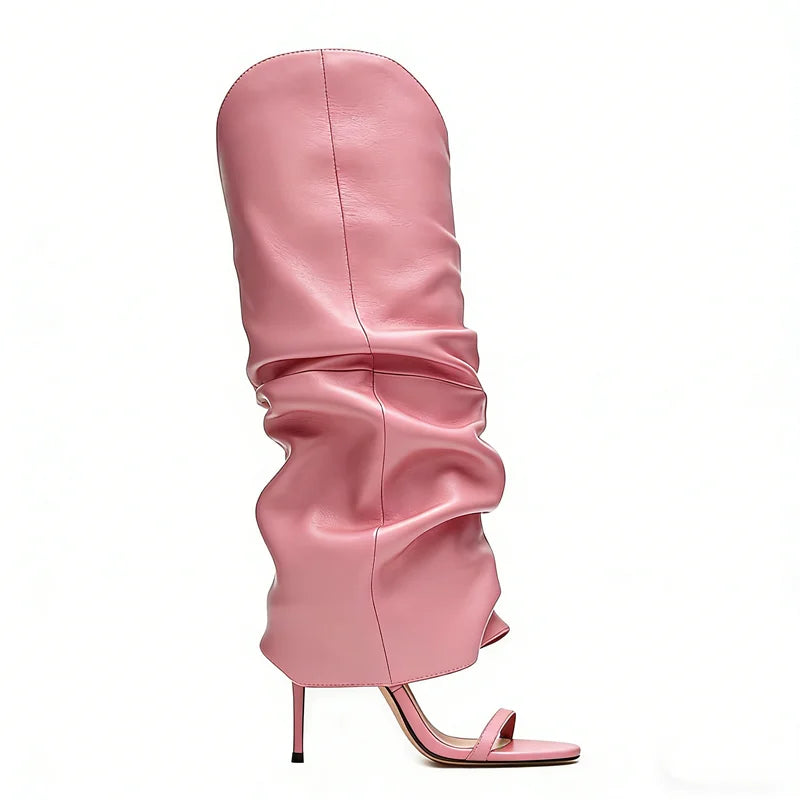Pointed Toe Knee High Thin Heel Leather Boots for Women
