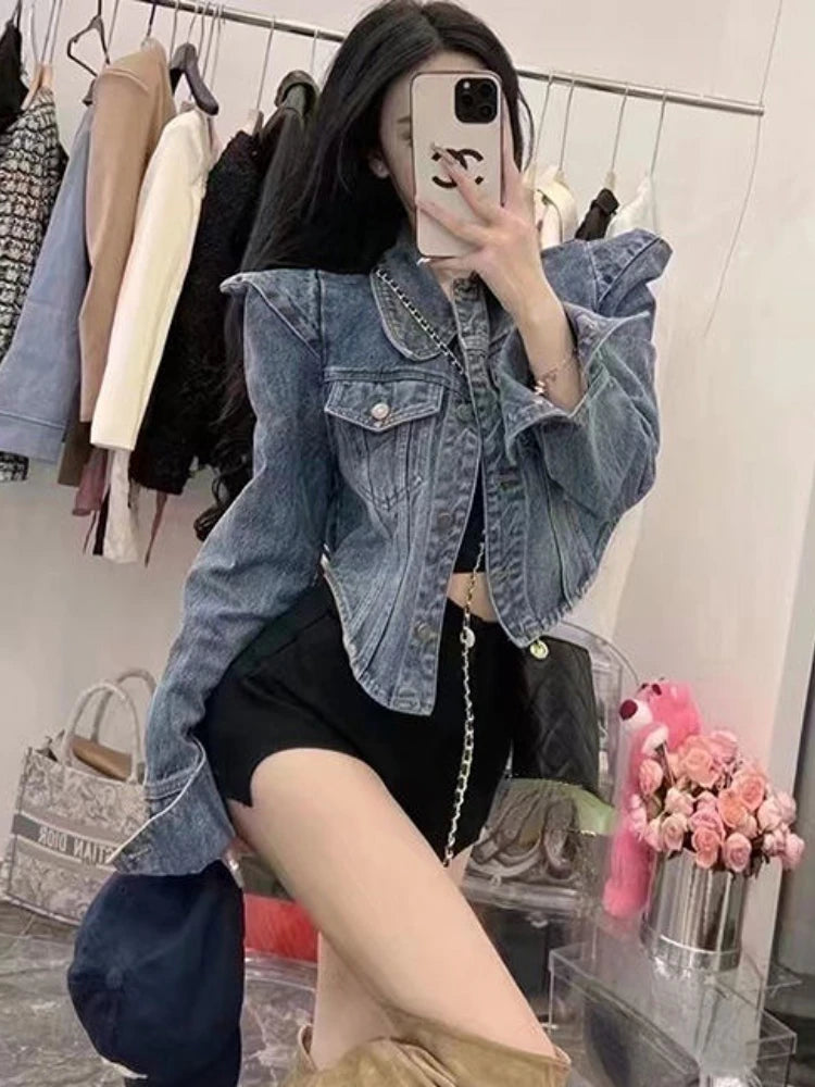 Front Zipper Vintage Denim Cropped Jacket For Women