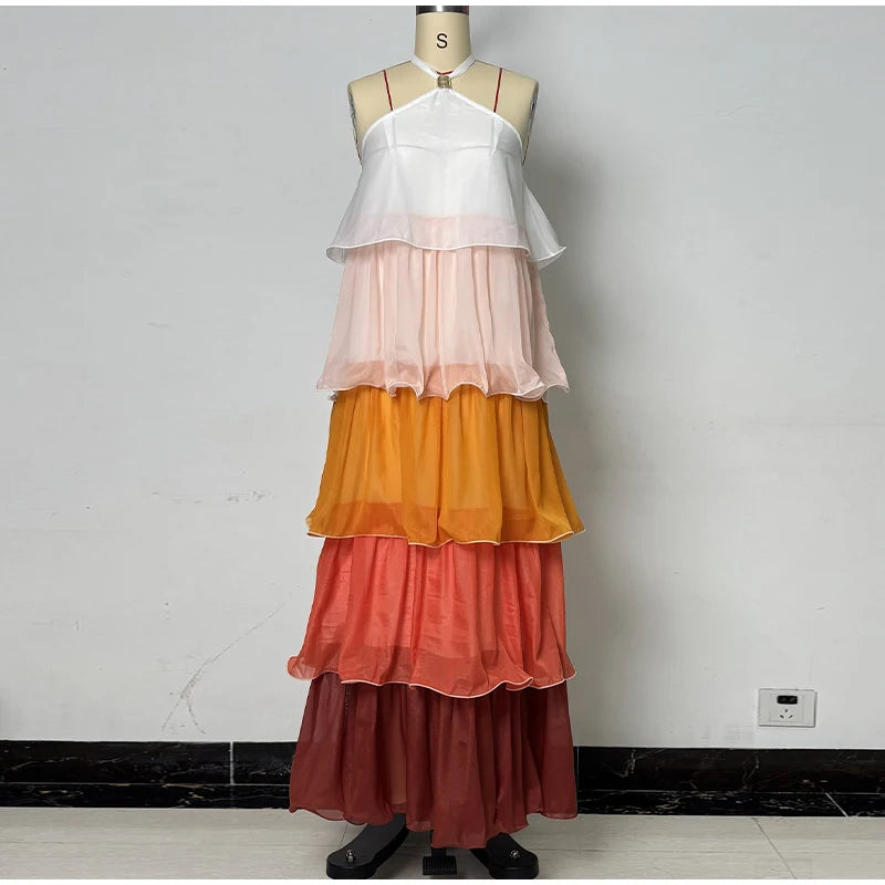 Flowy Gradient Halter Off Shoulder Ruffle Maxi Dress for Women