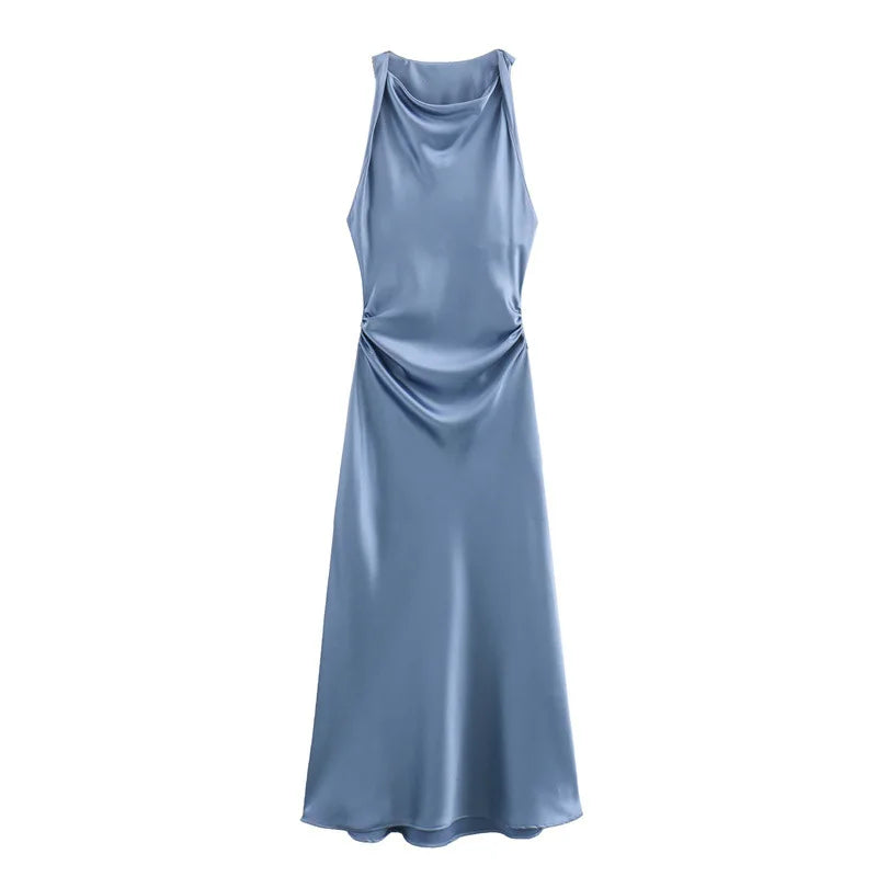 Summer Women's Satin Long Dresses Fashion Sleeveless Elegant Evening Party Dresses