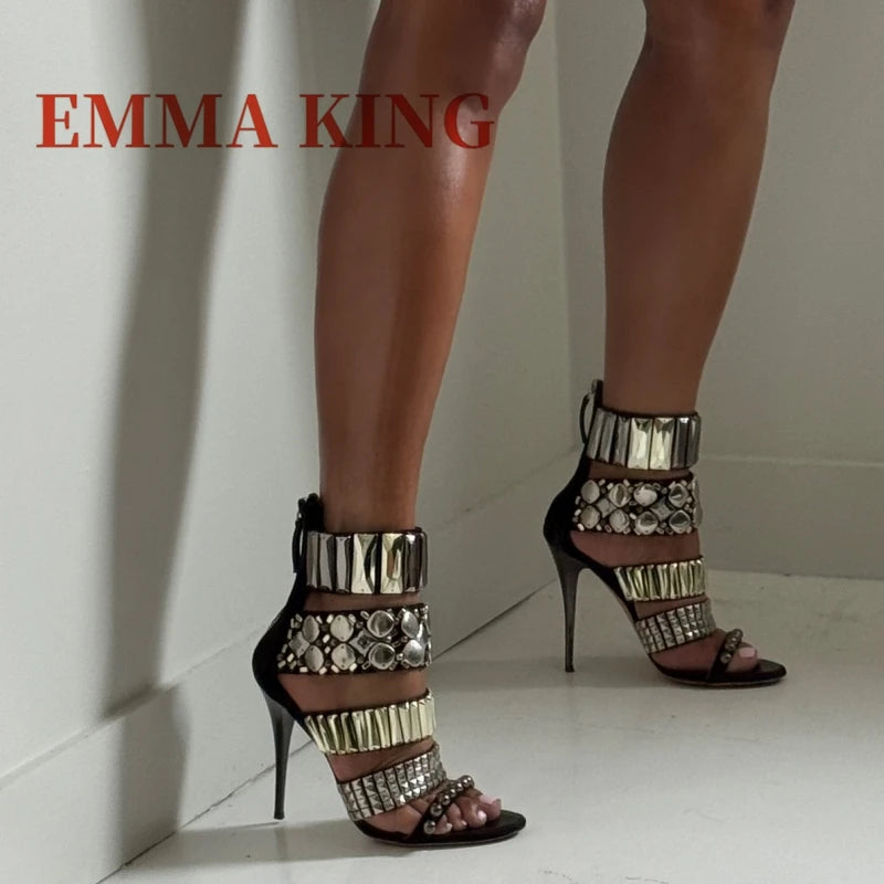 Black Rhinestone Ankle Strap Stiletto Sandals for Women