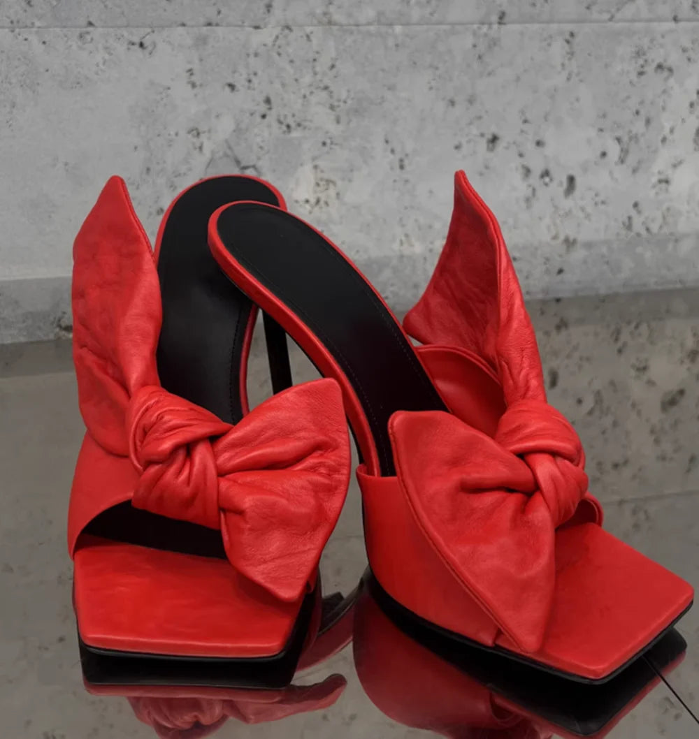 Red Leather Square Toe Stiletto Sandals