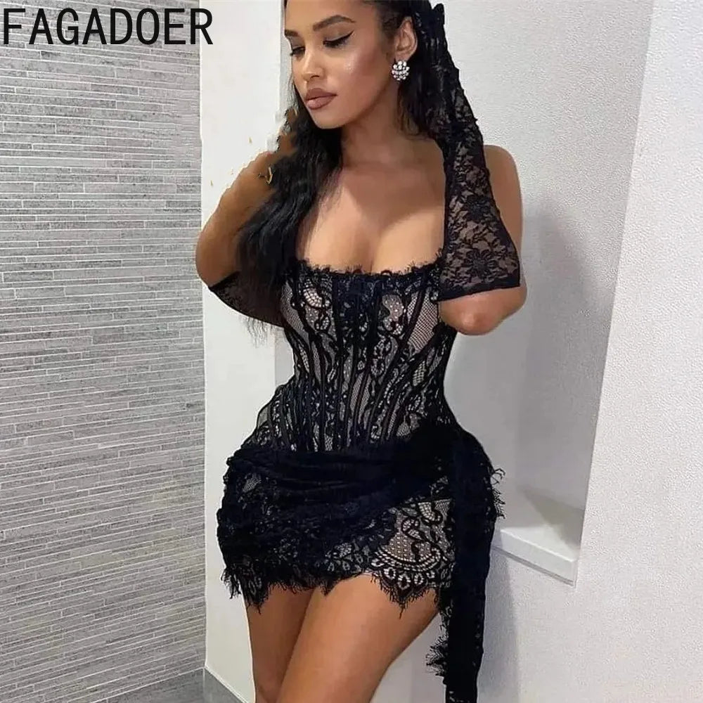 Elegant Vintage See-Through Stretch Lace Dress for Women