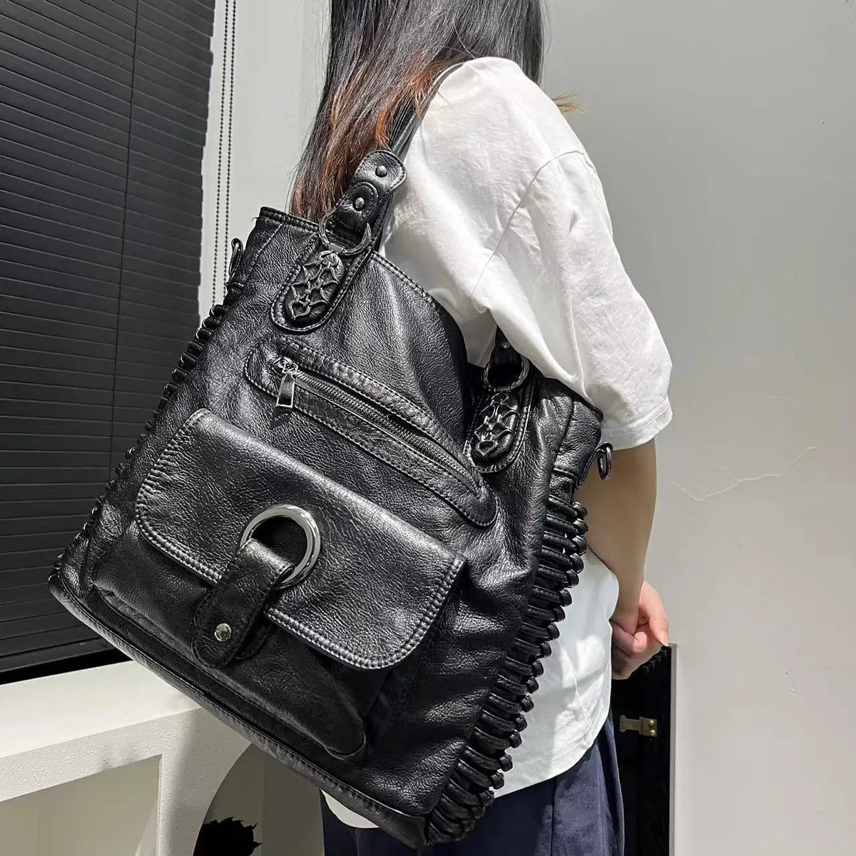 Distressed Vegan Leather Shoulder Tote Bag for Women