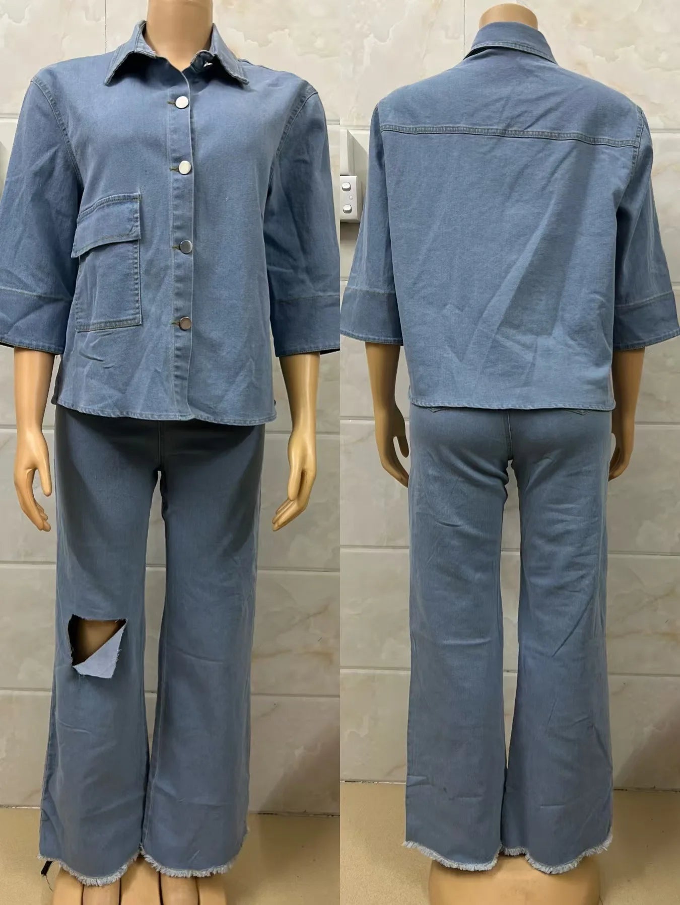 Denim Pant Set Women Two Piece Sets Turn Down Collar Matching Sets Single Breasted Shirt Tops Wide Leg Long Pants High Waist