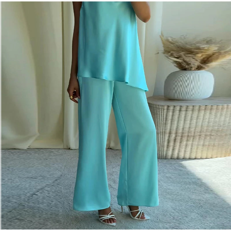 Turquoise Satin Cowl Neck Halter Top And Wide Leg Pants 2 Piece Set For Women