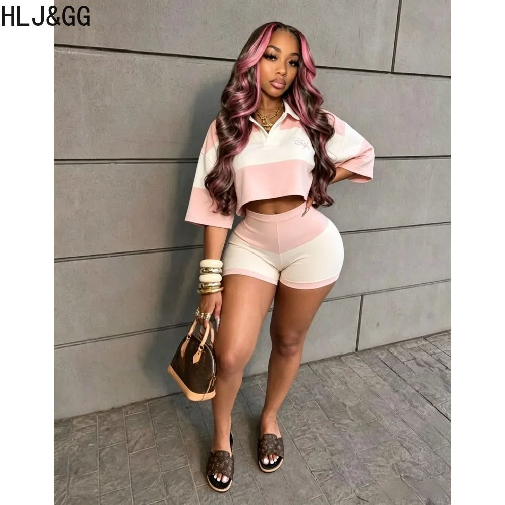 Pink Color Block V Neck Crop Top and Shorts Set for Women