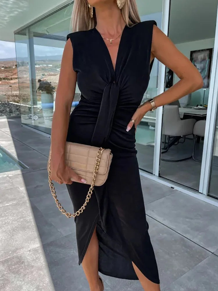 Office Lady Loungewear Deep V-Neck Maxi Dress Women Summer Sleeveless Solid Slim Fit Folds Party Dress Streetwear Dropshipping