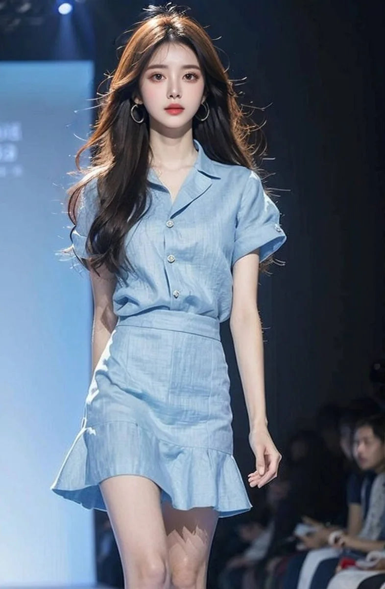 2 Pieces Sets for Women Short Sleeve Skirt Blue Woman Outfit Beach Top and Bottom Stylish Formal Occasion Clothing Trend 2025