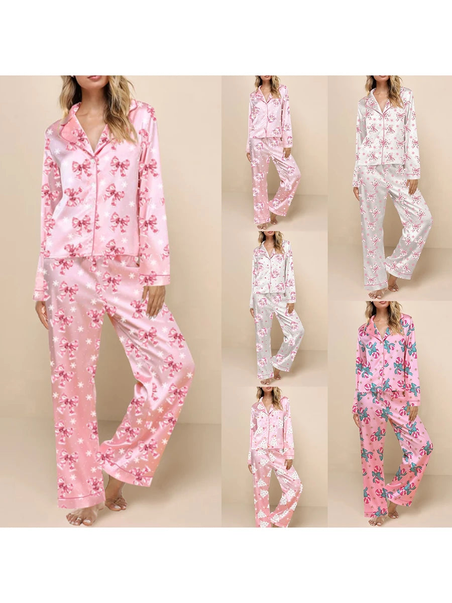 Women'S Autumn  Winter Clothing Christmas Elements Cute Bow Print Long Sleeved Shirt  Elastic Pants 2PCS Street Wear Home Wear