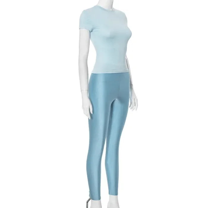 Two Piece Set for Woman Streetwear Solid Round Neck Short Sleeved T-shirt Top and Tight Pants Suit Spring and Summer 2025 New