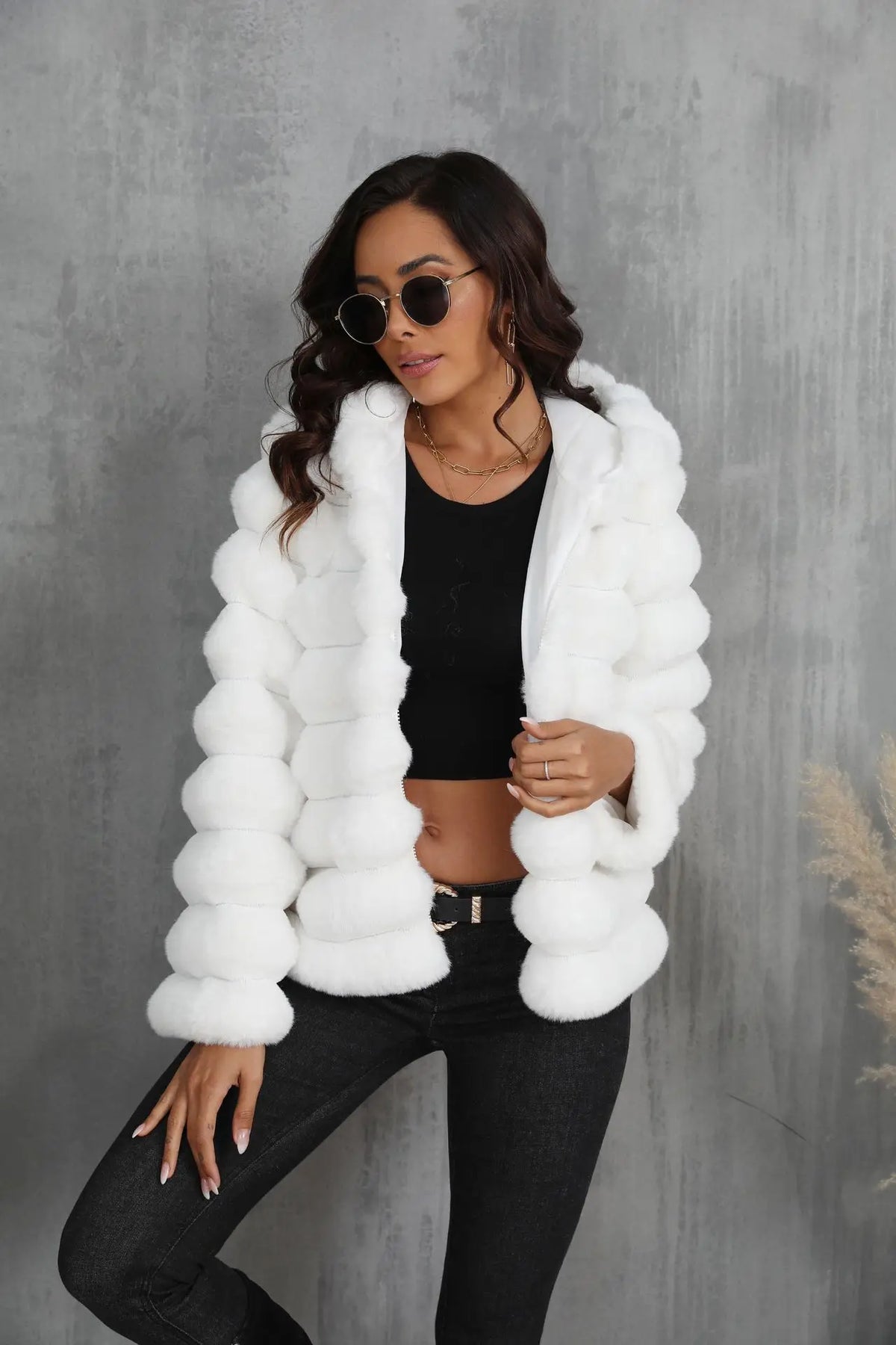 Warm Hooded Short Faux Fur Coat With Turn Down Collar for Women