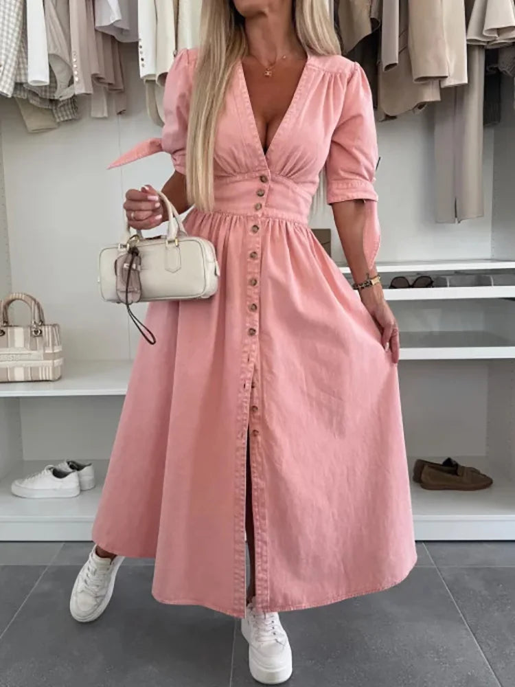 Spring Summer V Neck Fashion Maxi Dress, Women Half Sleeve Elegant Simple Party Dress, Single-Breasted Chic Ladies Dress Vestido
