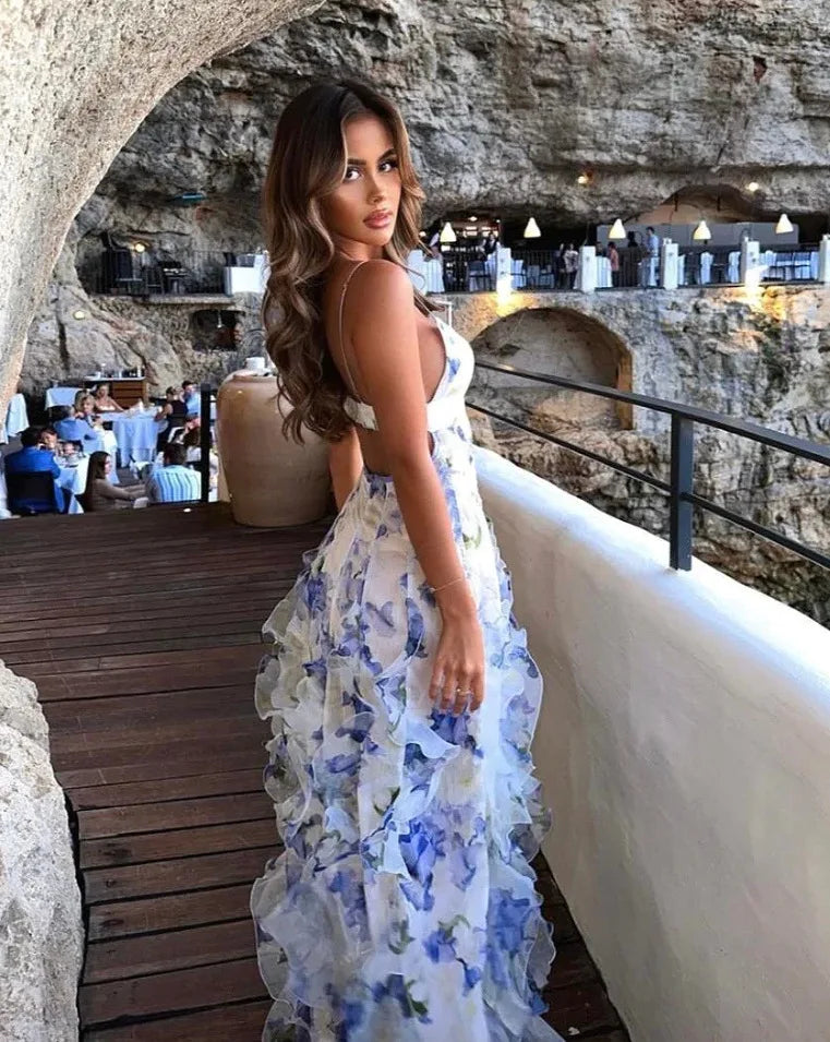 Boho Floral Ruffles Sleeveless Maxi Dress for Women