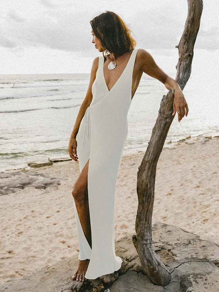 Women's Sexy Knit V-neck Lace-up Sleeveless Wrap Beach Maxi Dress 2025 Summer Seaside Swimsuit Cover Up Bodycon Dresses K184
