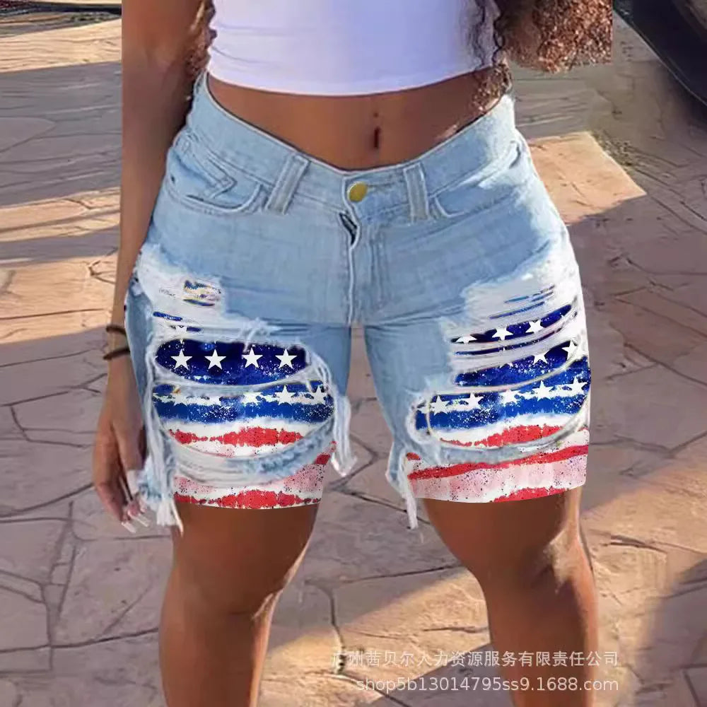 Casual Slim Knee Length Patchwork Denim Shorts for Women