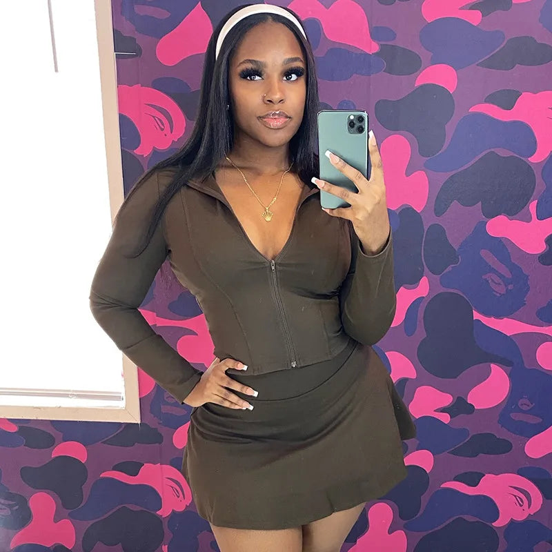 FAGADOER Sexy Sporty 2 Pieces Set for Woman Zipper Long Sleeve Jacket Tops + Pleated Skirts Tracksuits Female Streetwear 2025