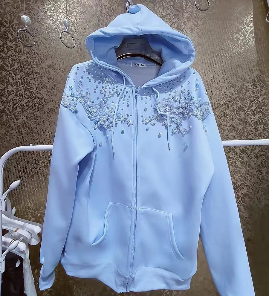 Beaded Sequined Stitch Hoodie Women Cotton Sweatshirts Long Sleeve Outerwears Female Zipper Cardigan Coat 2025 Woman Clothing