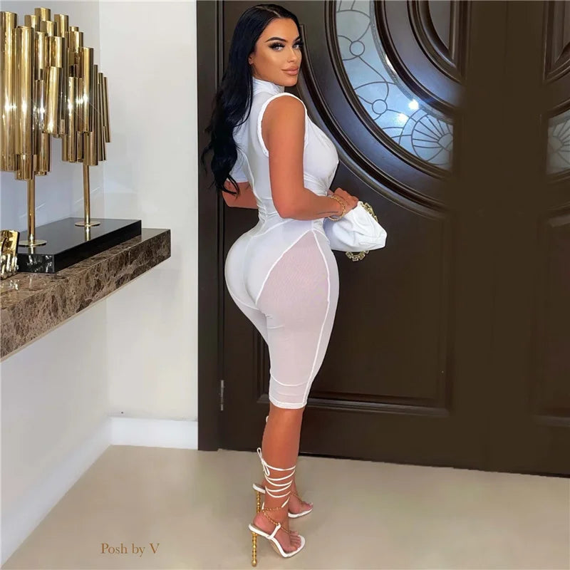Sexy Mesh Patchwork See Through Skinny Playsuit Women One Shoulder Draped Hollow Out One Piece Rompers Party Club Jumpsuit Short