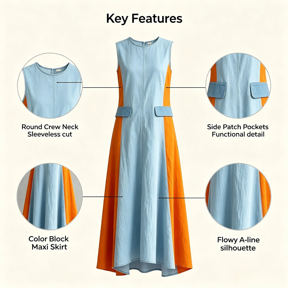 Blue Orange Color Block Round Neck Sleeveless Maxi Dress for Women