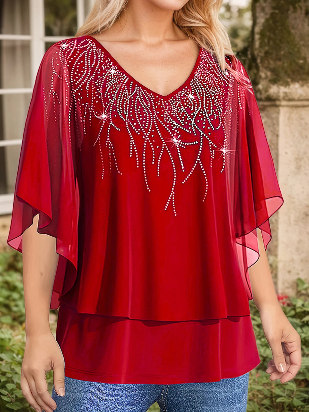 Women’s Plus Size Elegant Blouse Lace Patchwork 3/4 Sleeve Chiffon V-Neck Sequins Printed T-Shirt Double Layer Loose Female Tees