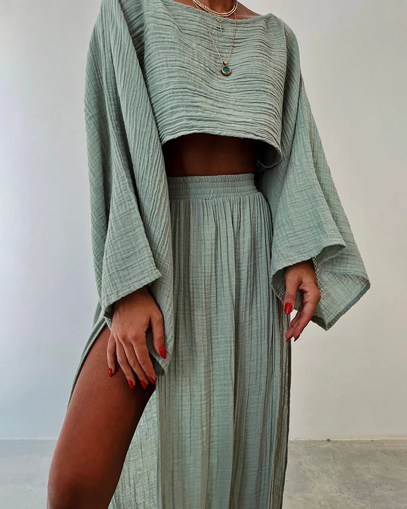 Casual Cotton Linen Blend Two Piece Skirt Set for Women