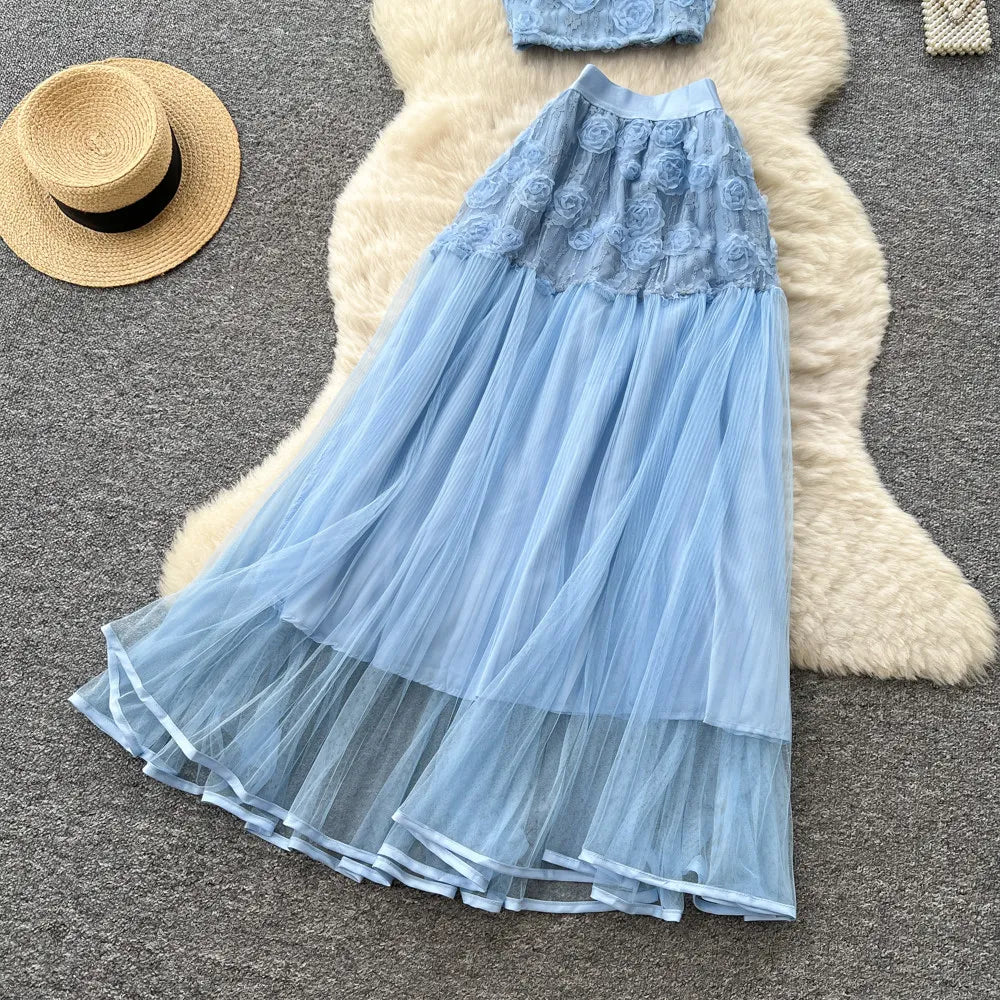 3D Floral Lace Camisole and Pleated Skirt Set for Women