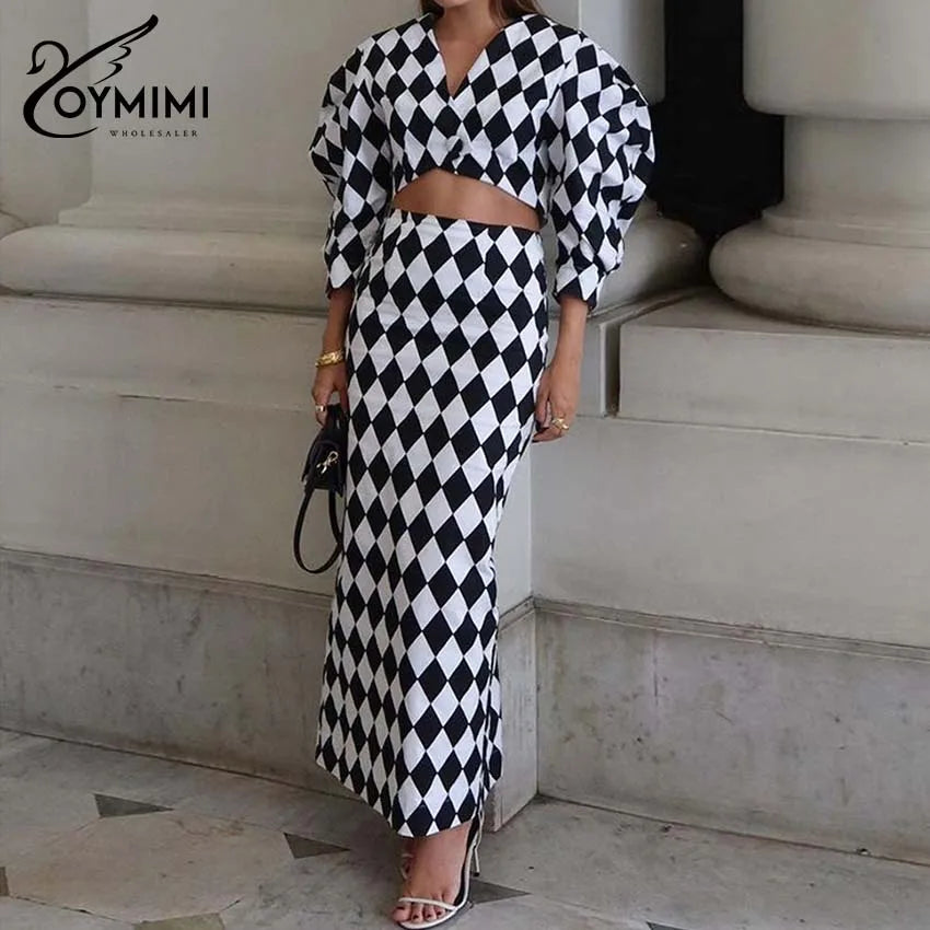Oymimi Elegant White Print 2 Piece Sets Women Outfit Fashion V-Neck Button Three Quarter Sleeve Crop Shirt + Straight Skirts Set
