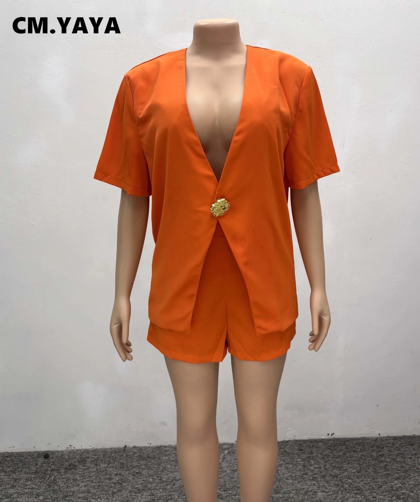 CM.YAYA Women Set v-neck Short Sleeve Shirts blazers +Shorts suits Two 2 Piece Sets Fashion 2025 OL Work Outfit Tracksuit Summer