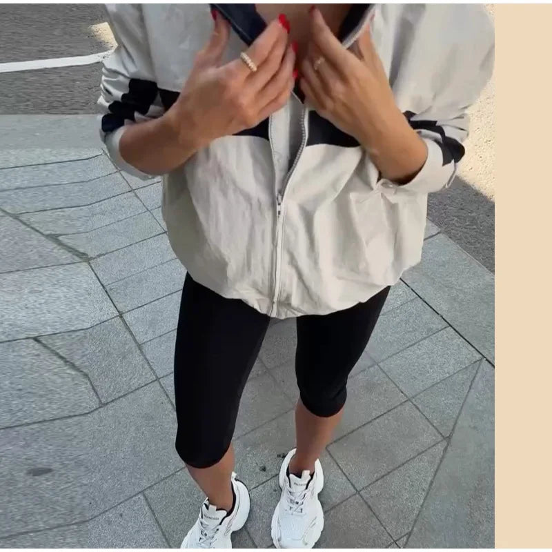 Color Block Zip Up Cropped Jacket With Stand Collar For Women