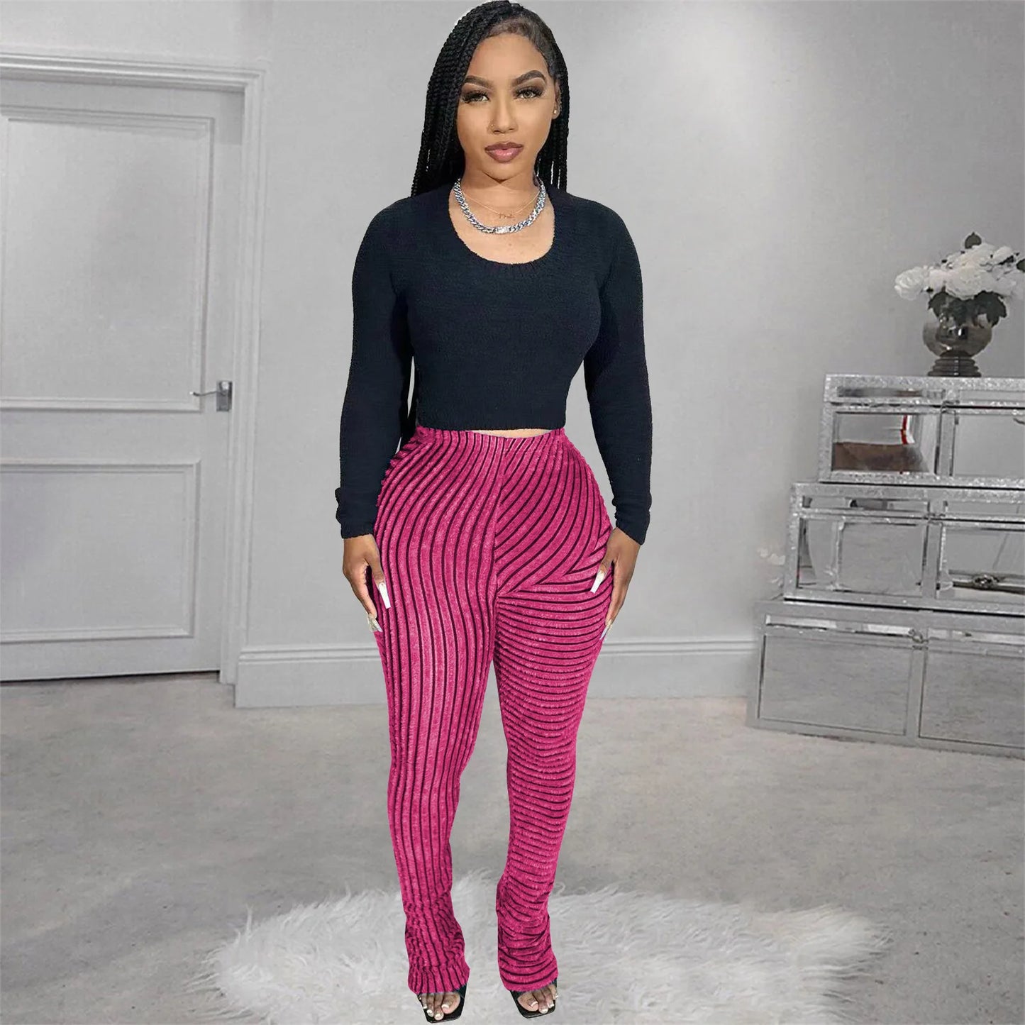 FAGADOER Stripe Plush Stacked Pants Women Casual Solid Color Fur Patchwork Flare Trousers Y2K Female Streetwear Bottoms 2025 New