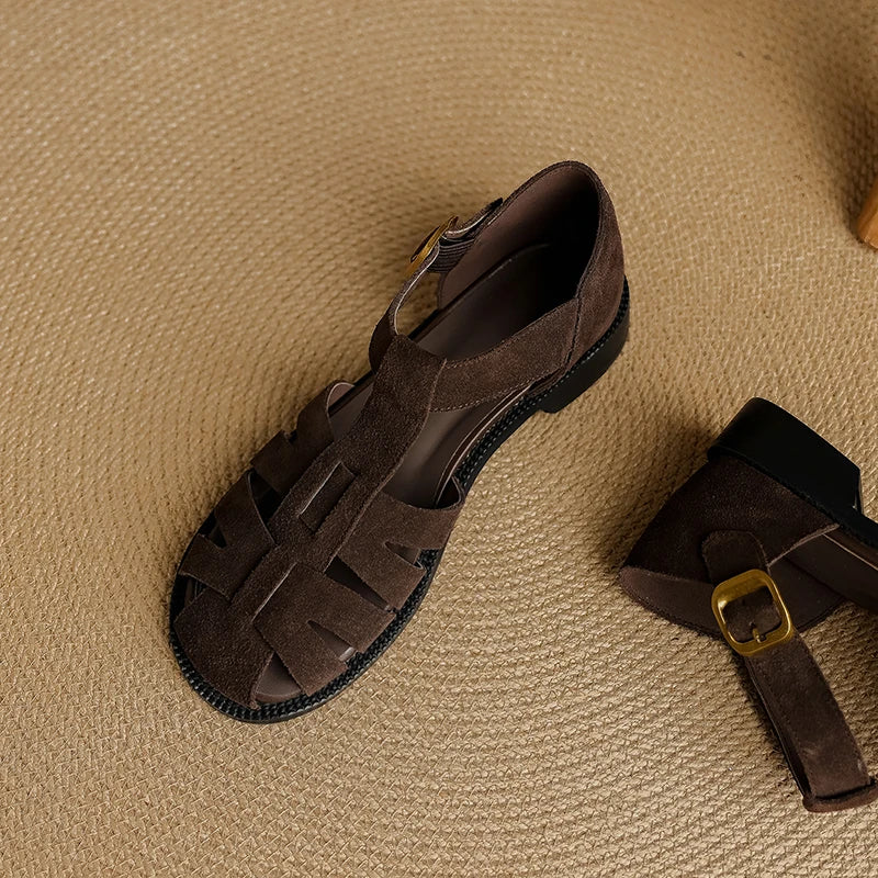 Retro Cowsuede Buckle Strap Closed Toe Sandals for Women