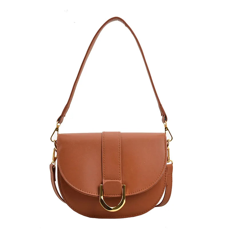 Solid Color Leather With Golden Hardware Saddle Shoulder Bag for Women