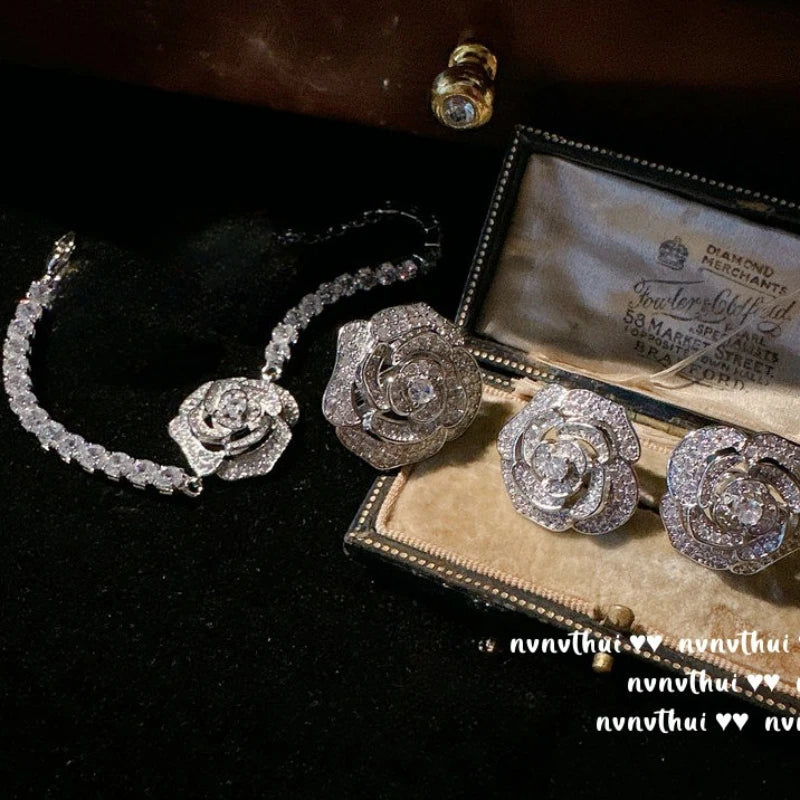 Elegant Cubic Zirconia Camellia Jewelry Set for Women