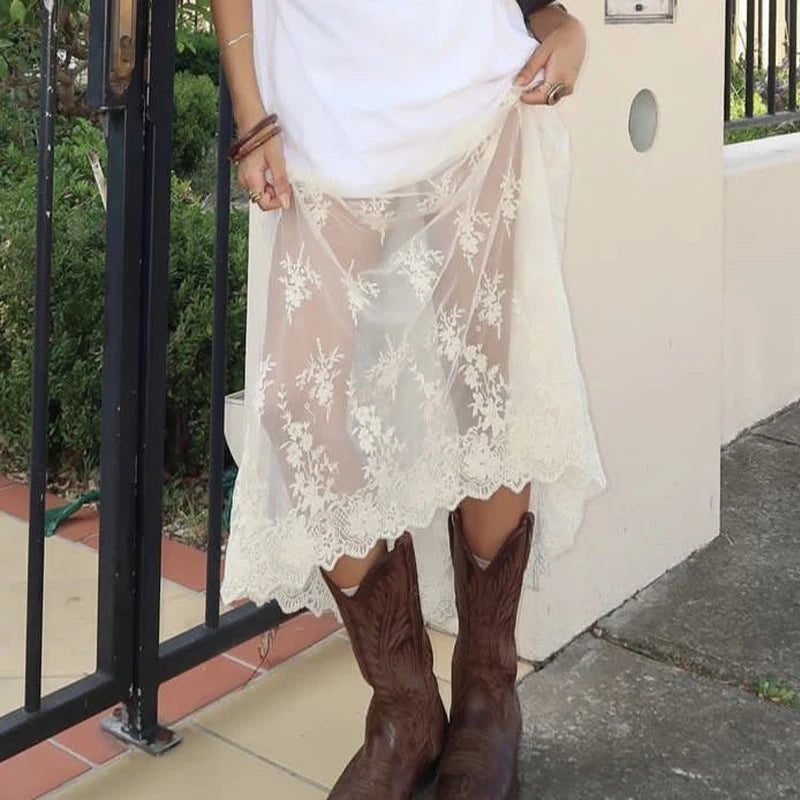 Boho Sheer Jacquard Lace Long Maxi Skirt for Women