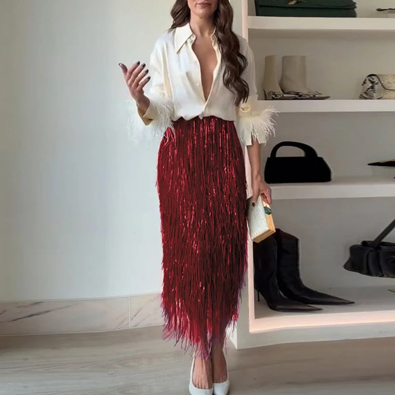 Fashion Lapel Button Shirt & Fringed Skirt Set Women Casual Long Sleeve Party Skirt Outfits Elegant Sequined Long Skirt 2Pc Suit