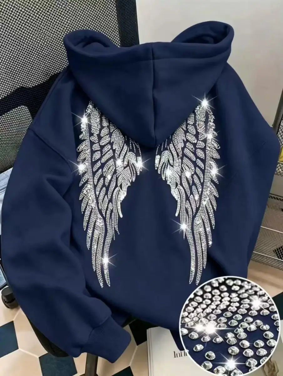 Wing Print Rhinestone Long Sleeve Pullover Hoodie for Women