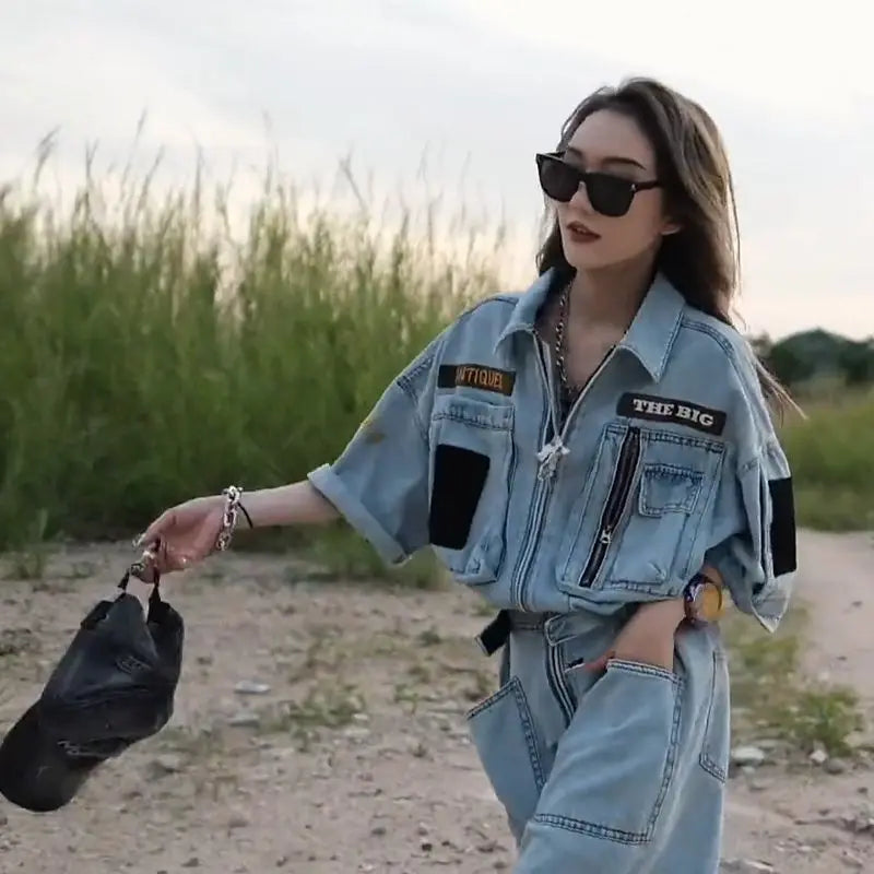 Oversized Embroidered Polo Collar Jumpsuit For Women