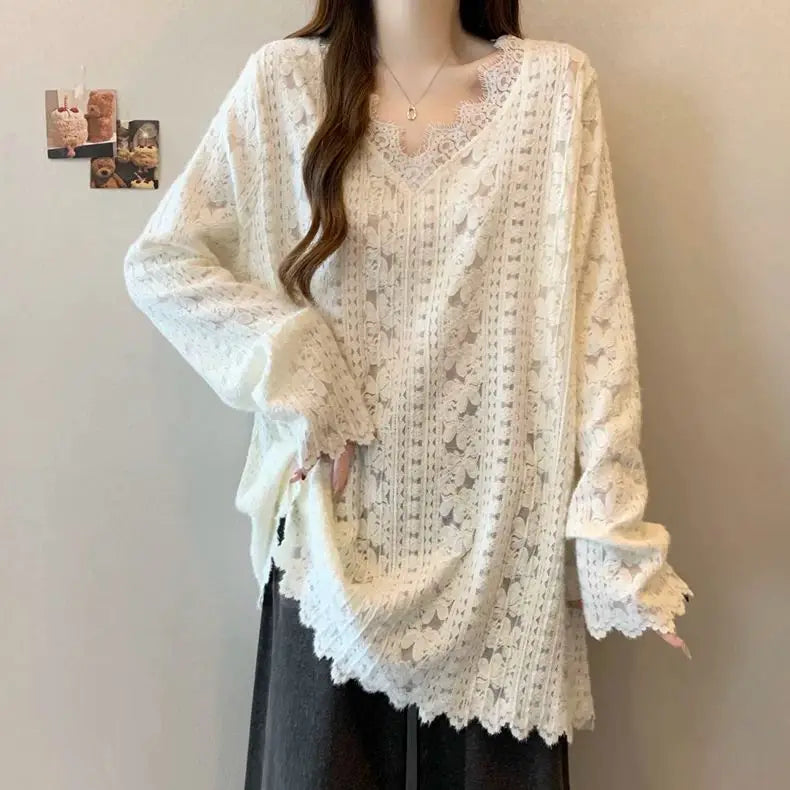 Loose V Neck Lace Patchwork Long Sleeve Tshirt For Women