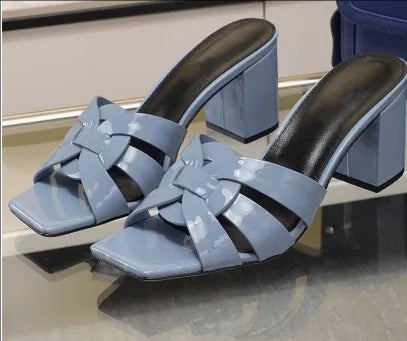 Knitted Square Heel Sandals With Slip On Soft Eva Insole Comfortable For Women