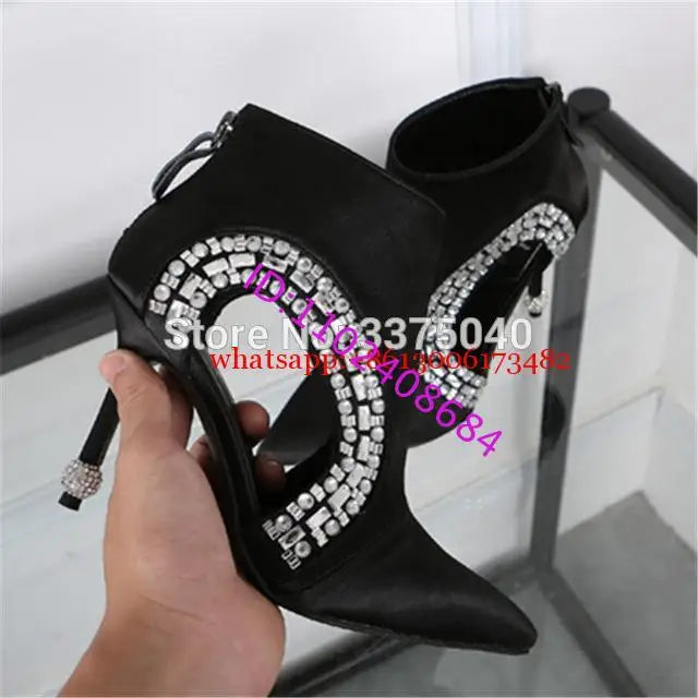 New Black Pointed Toe Women Ankle Boots Hollow Out Rhinestone Summer Boots High Heels Crystal Pointed Toe Black Women Boots
