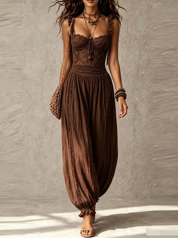 Elegant Lace Trim V Neck Sleeveless Jumpsuit for Women