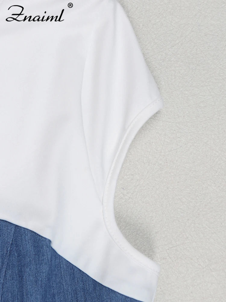 Znaiml Fashion Short Sleeve Pocket White Blue Denim Patchwork A-Line Dresses with Belt Woman Summer Elegant Bodycon Jean Dress
