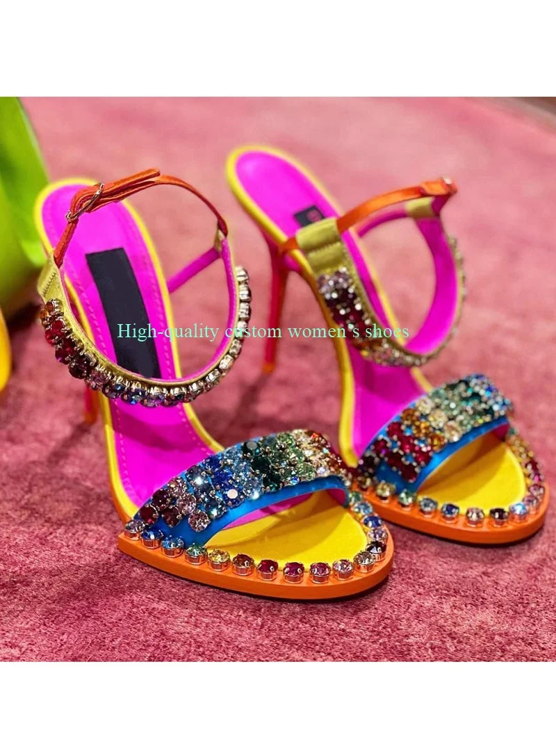 Elegant Rainbow Rhinestone Embellished Sandals for Women