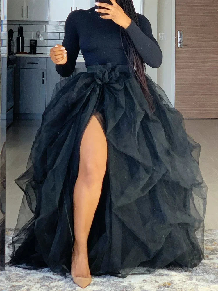 Elegant Layered Tulle Tutu Skirt With High Waist Slit for Women